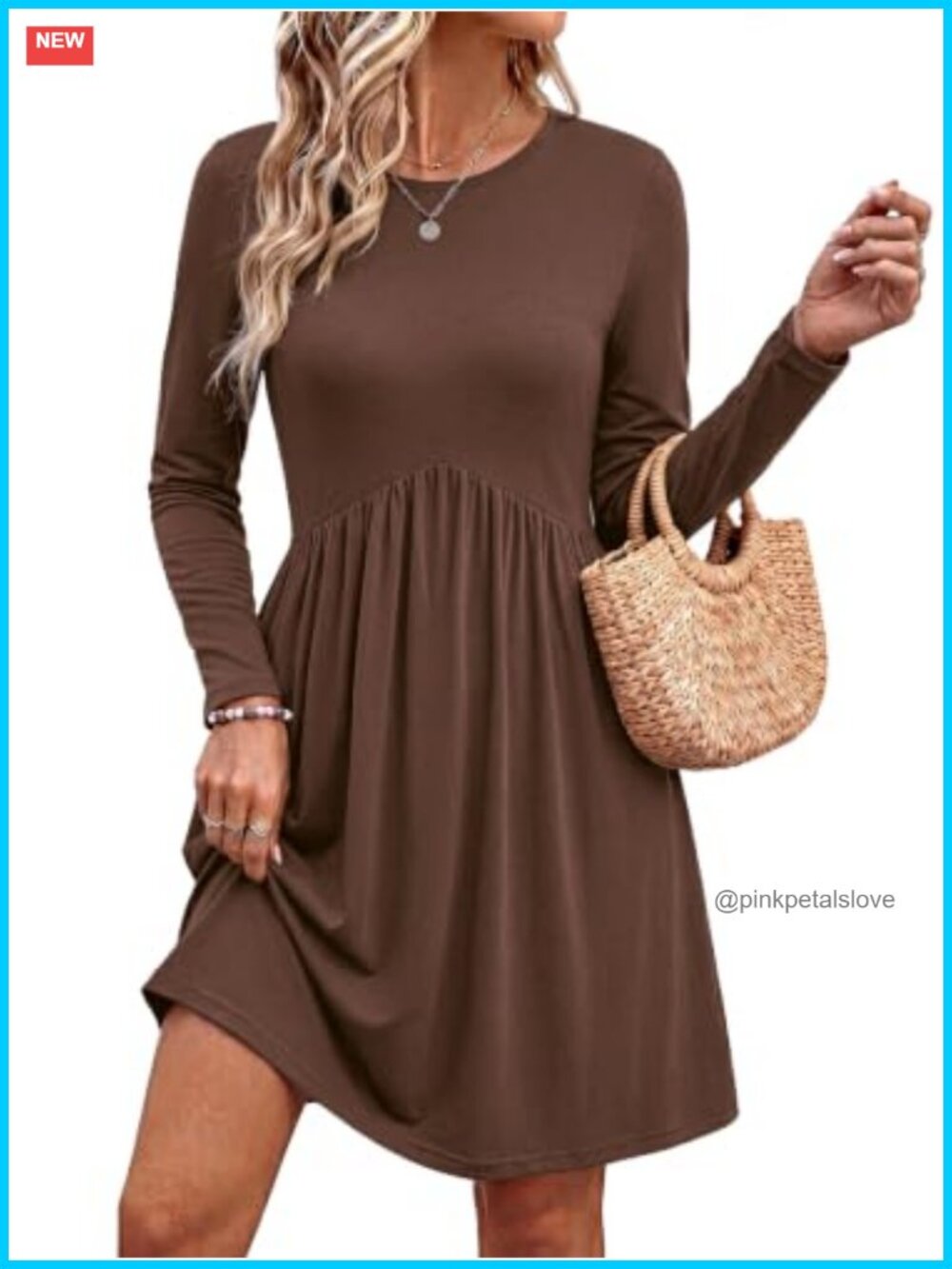 Womens Long Sleeve Empire Waist A-Line Mini Dress with Pockets
